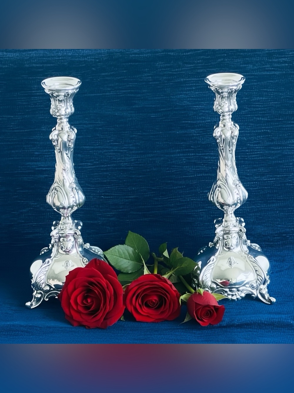 Vintage Rococo Baroque Silverplate Candlesticks Pair Ornate Scrollwork 9.5"